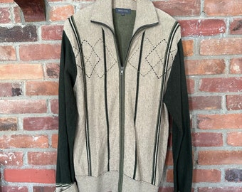 Mock neck zipped cardigan,Wool blend,  color block layering sweater, Beige Army green cardigan, casual streetwear, Business sweater,