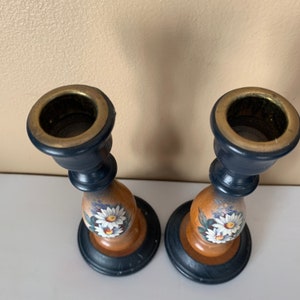 Vintage TOLE Candlesticks, Hand Turned Hand painted Wooden candleholders, 1960s German, brass top, Set of Two, rustic home, Farmhouse, image 2