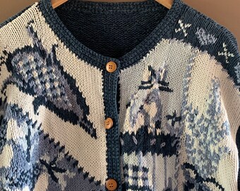 Handknit cardigan sweater, Blue white cardigan, Novelty Sweater, Blue button up cotton Cardigan, Farm motif, chest 40