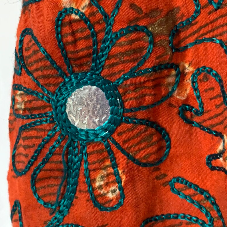 70/'s Batik MuuMuu dress Ethnic Floral Kaftan Embroidered Mirror work Side slits Bohemian Burnt orange Green India womens Plus size chest 46
