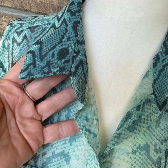 Teal snake print chiffon long blouse, front butto… - image 6