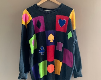 Color block sweater , Novelty embroidered card  pullover , Santoria 80s vintage, chest 40" size M