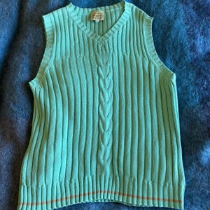 Vintage 90s Cotton Cable Knit Sweater Vest - Turquoise Blue