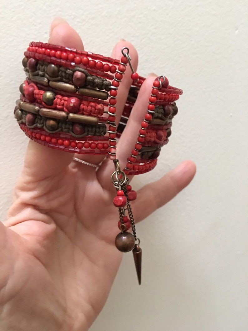Beaded bracelet wrap cuff Bracelet Expandable Macrame Red coral brown wire Wrap bracelet Copper beads Boho Festival jewelry Handmade India