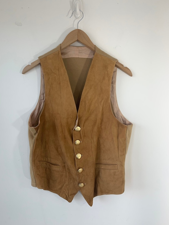 Chamois leather vest Wool knit back Tan color 5 bu