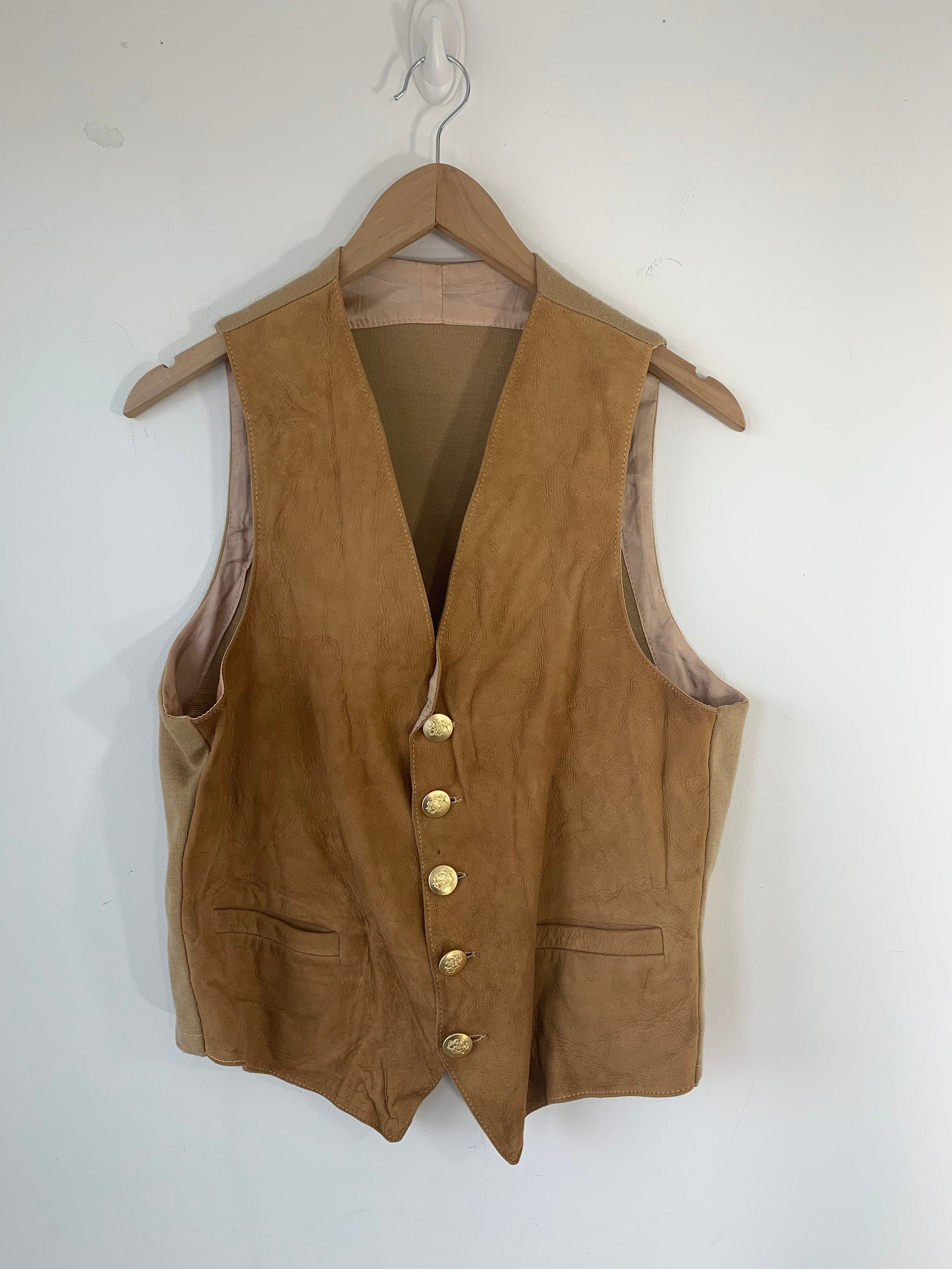 Chamois Leather Vest Wool Knit Back Tan Color 5 Buttons Not 