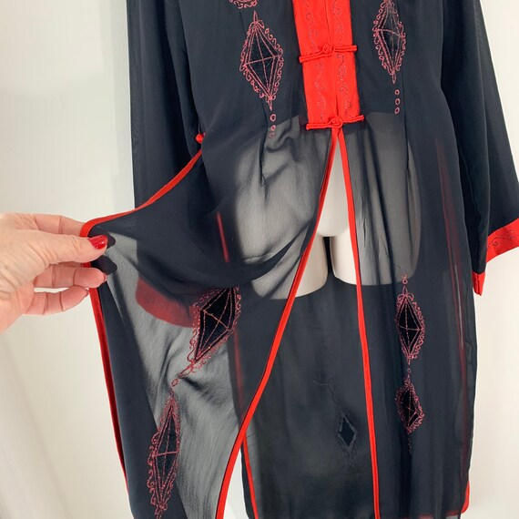 Black silk robe Chinese inspired Red satin trim E… - image 5