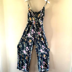 Wide palazzo Leg Jumpsuit, Black one piece, Boho Tropical Floral Summer fashion, Evening Wear, Womens Casual wear, BBq pants