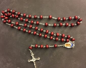 Wood bead rosary Catholic Rosary Our Lady of Fatima Rosary 5 decades Lightly rose scented Necklace with Silver metal crucifix Cross Gift