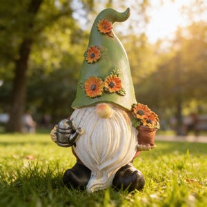 Peut inclure: Une statue de gnome de jardin avec un chapeau vert orné de tournesols orange. Le gnome a une longue barbe blanche, un nez rond et tient un arrosoir et un pot de tournesols. La statue est dans un espace herbeux.