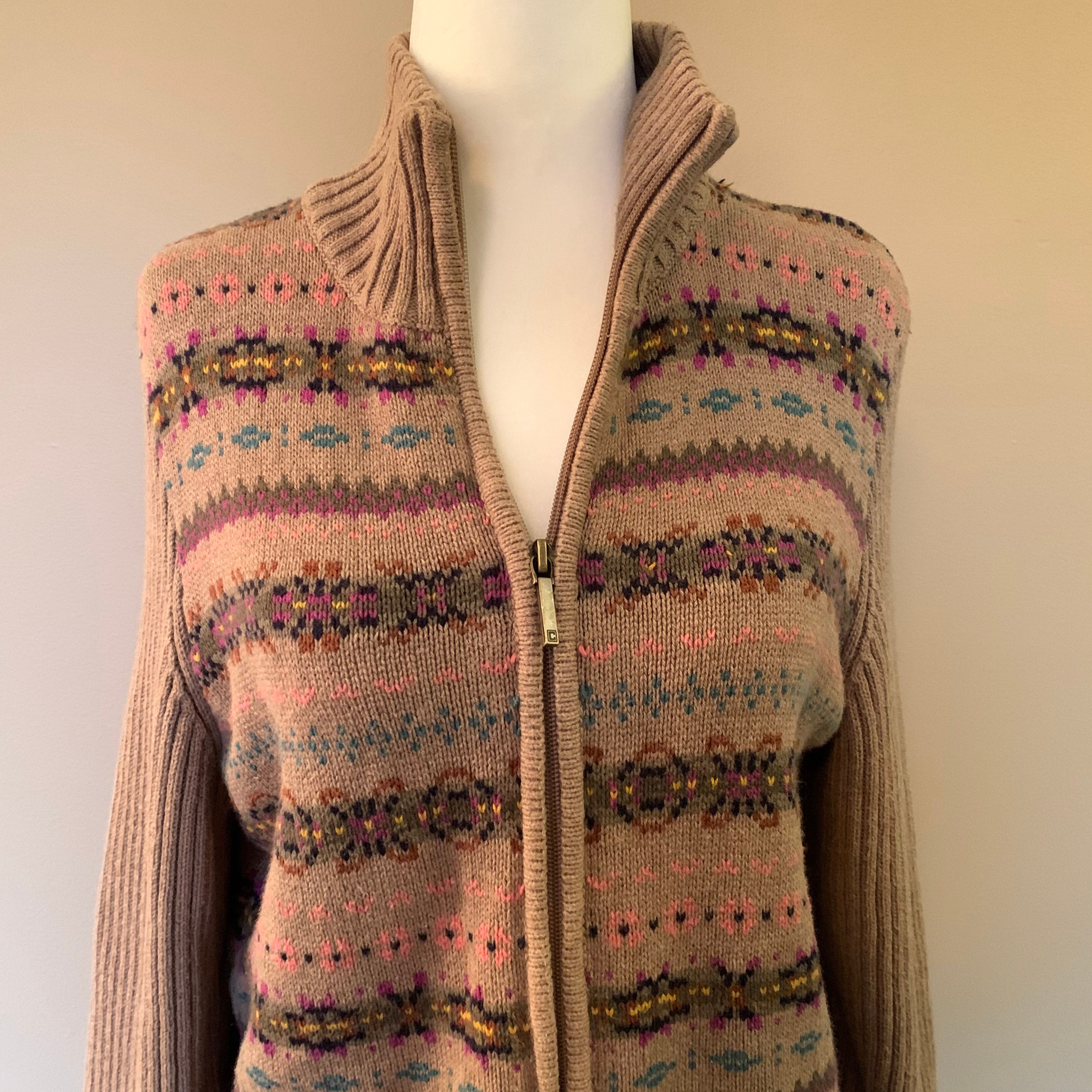 IldiVintage Fair Isle Cardigan Sweater, Ralph Lauren Chaps, Soft Cotton Blend, Zipper Front Sweater, Long Sleeves, Chest 40\