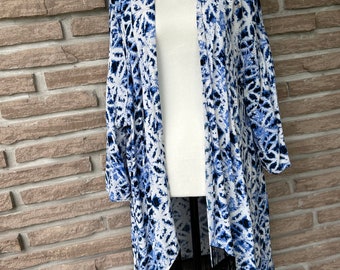 IKAT print Kimono Jacket, Fringed Robe, Blue White Loungewear, Bohemian fringed Festival duster, Loose fit , Comfortable open front Duster,