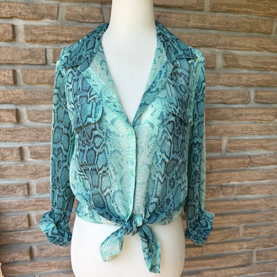 Teal snake print chiffon long blouse, front butto… - image 5