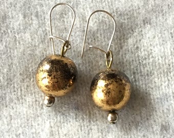 Handmade Antiqued Gold Ball Earrings: Boho Surgical Steel Dangles