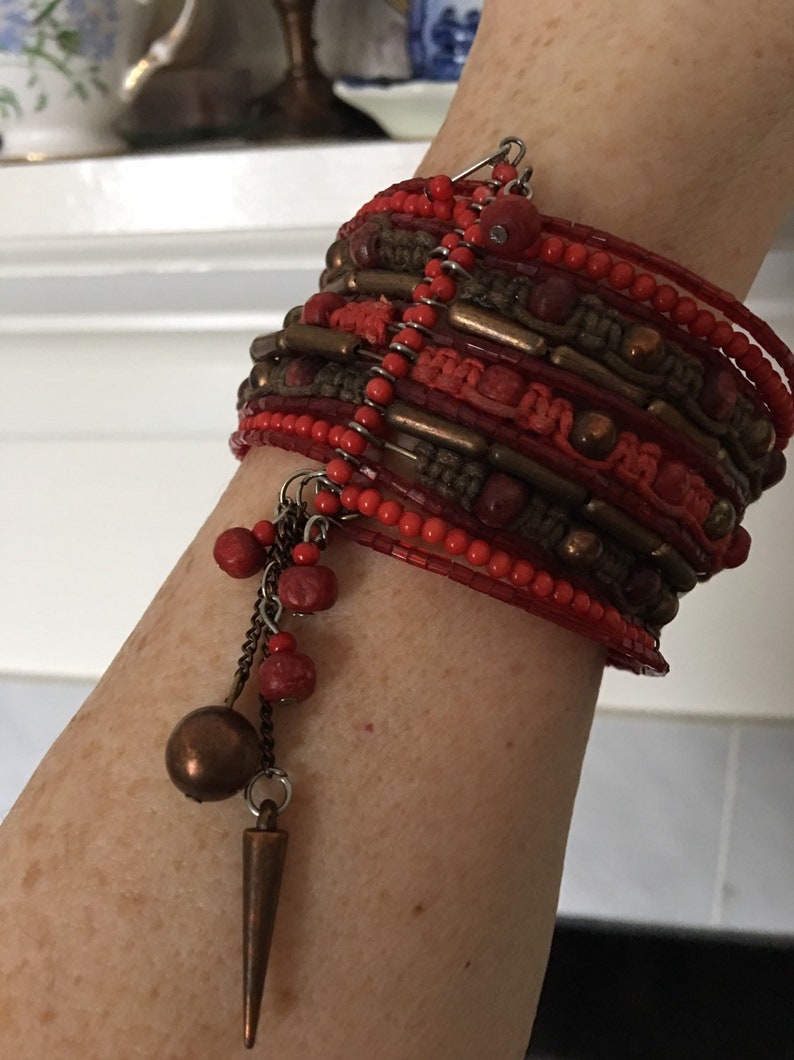 Beaded bracelet wrap cuff Bracelet Expandable Macrame Red coral brown wire Wrap bracelet Copper beads Boho Festival jewelry Handmade India