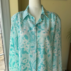 Womens Paisley print Blouse, Aqua blue Button up, Long Sleeve, padded shoulders, floral Blouse, Gift for her, size 12,