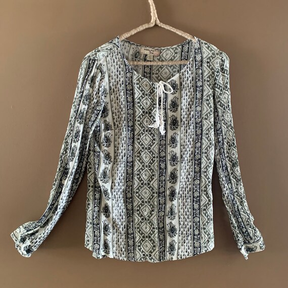 Vintage Peasant Blouse, Grey black white pattern … - image 1