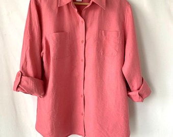 90s Linen Blouse: Jones New York Minimalist Pocket Shirt, Dusty Rose