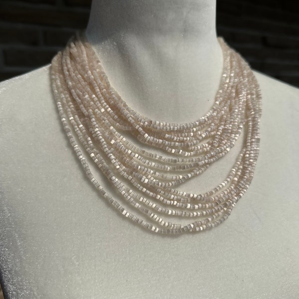 Shimmering Seed Bead Multi Strand Necklace: Off White Bohemian Jewelry Tariff Paid