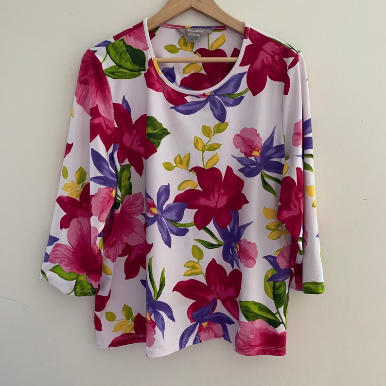 Floral stretch Top Blouse Plus size Scoop Neck Loose Fitting Vintage top Womens chest 48