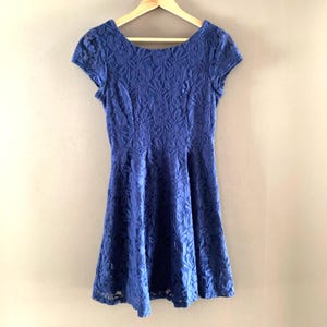 Blue lace dress, Lined, Fit and flare, short sleeves, dark blue cotton lace, feminine lace dress, Holiday party dress,
