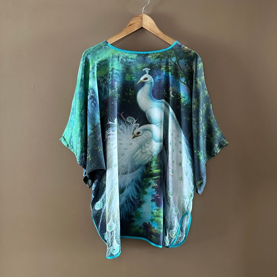 Short Silk Kaftan, peacock print both sides, Silk… - image 3