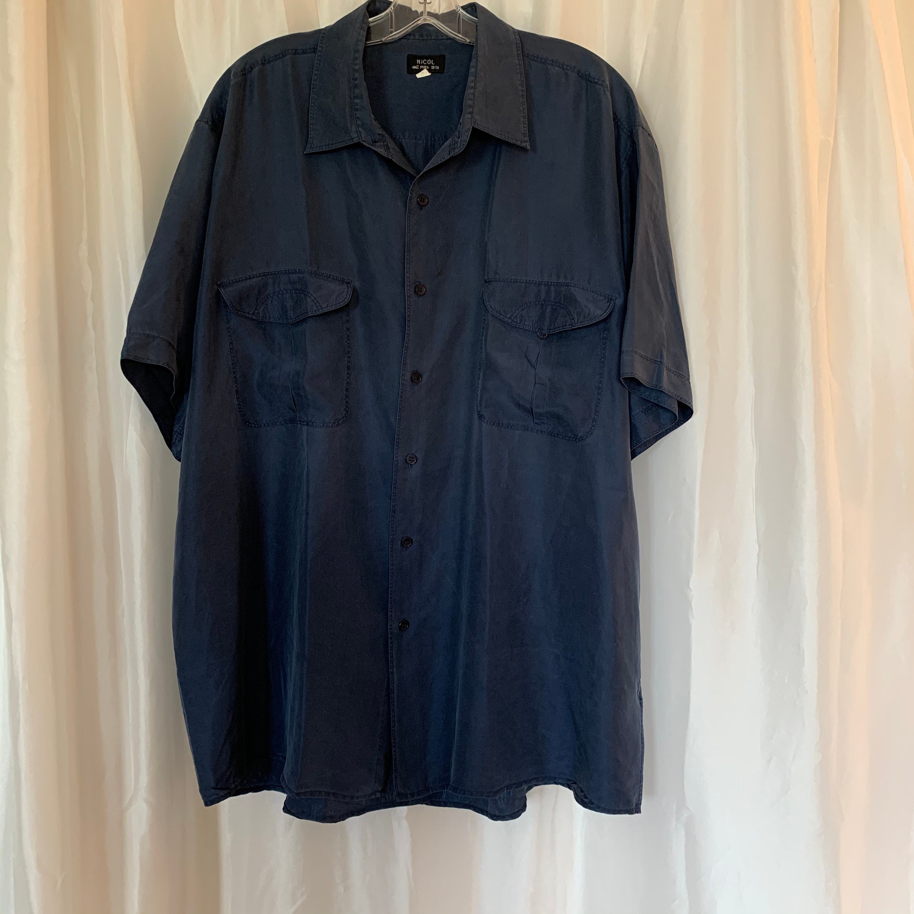 Vintage Navy blue Silk Shirt Button down Short Sleeve Italian | Etsy