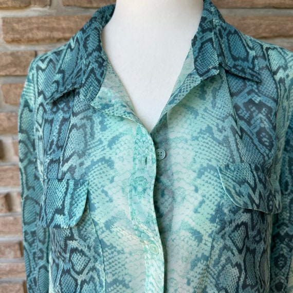 Teal snake print chiffon long blouse, front butto… - image 4