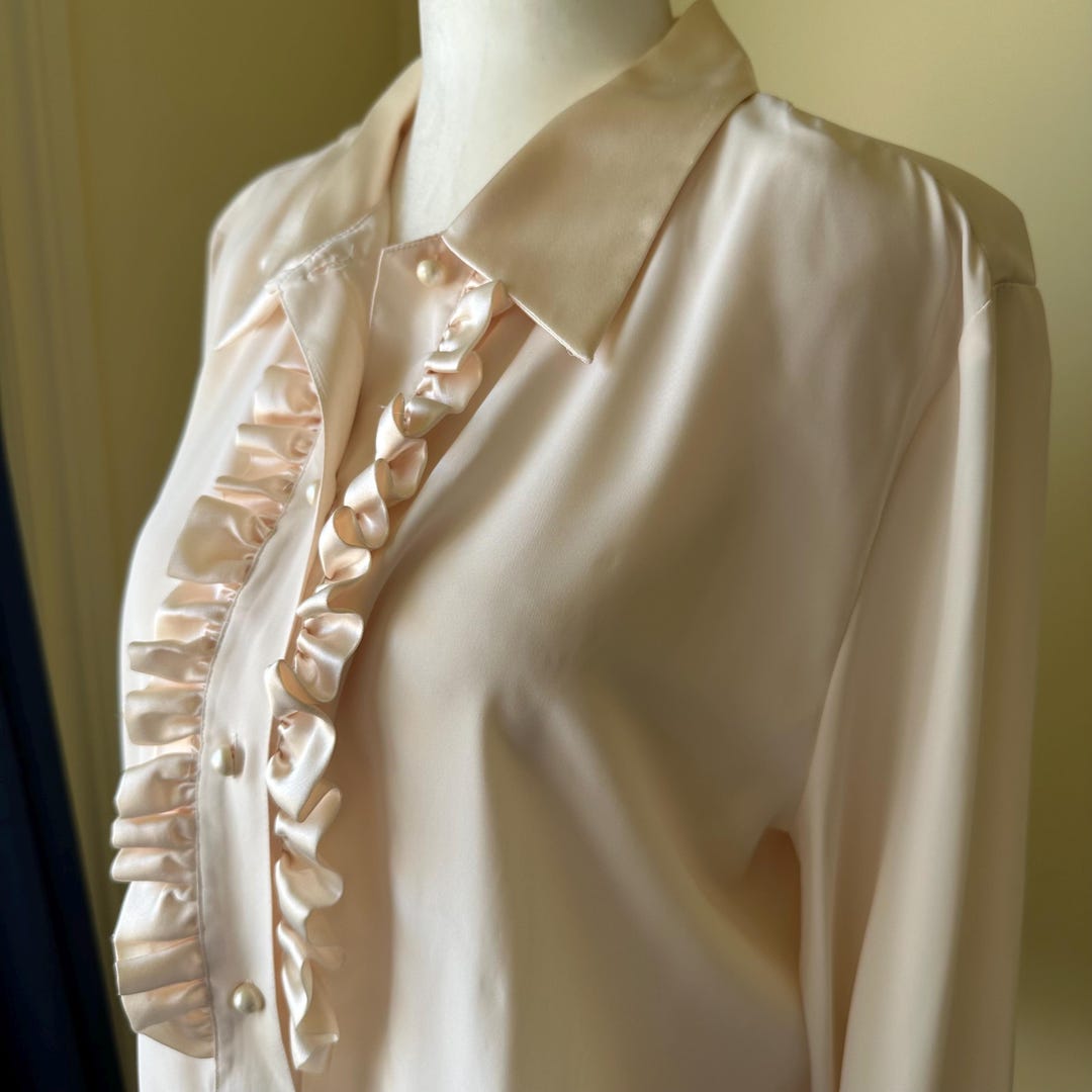 Vintage Silky Cream Blouse, Ruffle Shirt, Long Sleeves , Satin Ruffle ...