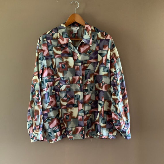 Vintage Silk  blouse, Geometric Stained Glass Sty… - image 1