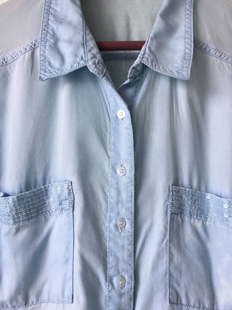 Vintage Blue Shirt Long Button Up Front pocket shirt Long sleeves 90s Boho Hipster Western shirt Ultra soft ECO friendly Lyocell plus Size
