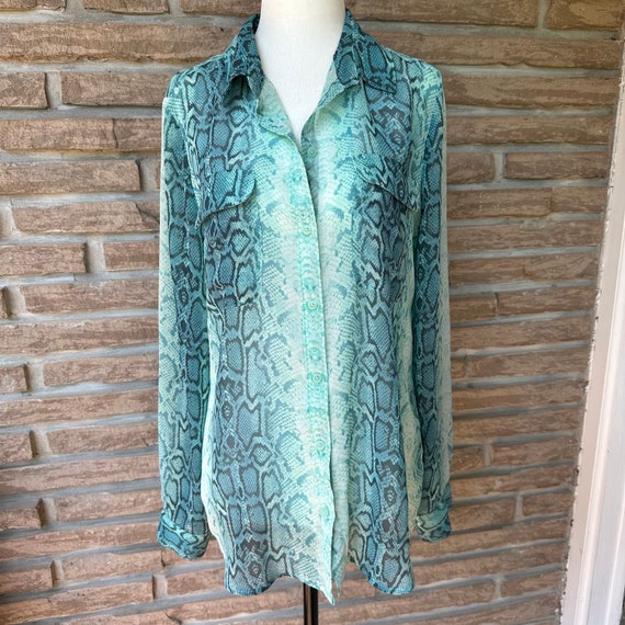 Teal snake print chiffon long blouse, front butto… - image 1