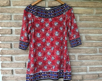 Floral Tunic Top, Kurta style, Floral print, Soft stretchy Blouse, All season top, holiday wear, Boho  Chic size L
