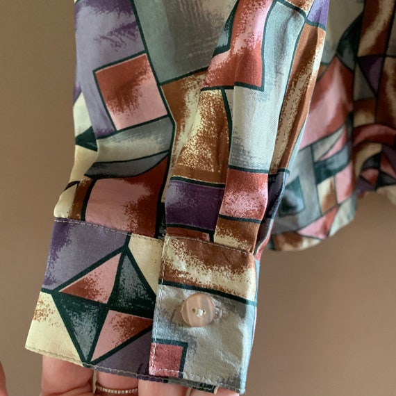 Vintage Silk  blouse, Geometric Stained Glass Sty… - image 5