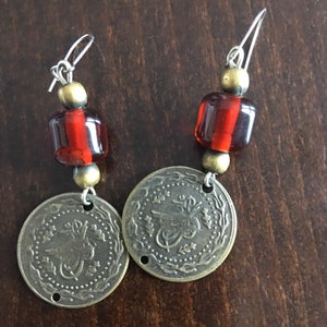 Vintage Brass Coin Earrings: Red Lucite Beads, Surgical Steel Hooks