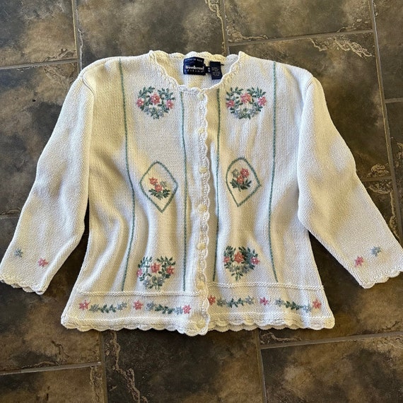 White hand knit cardigan, Pastel Florals , front buttons, Rami cotton blend, Scalloped edges, Cottage core fashion