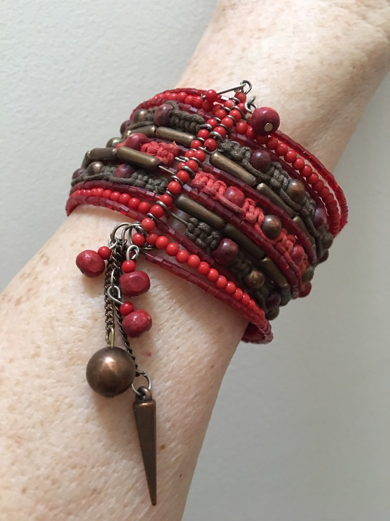 Beaded bracelet wrap cuff Bracelet Expandable Macrame Red coral brown wire Wrap bracelet Copper beads Boho Festival jewelry Handmade India