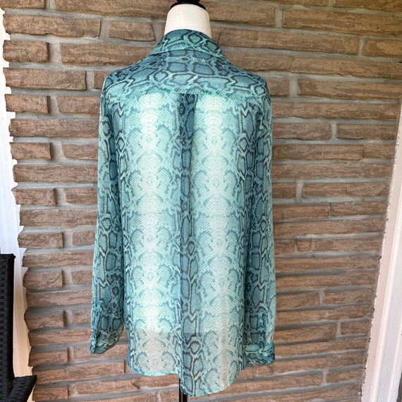 Teal snake print chiffon long blouse, front butto… - image 3