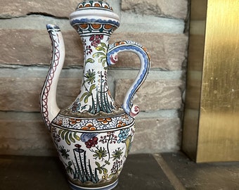 Unique Portuguese folk art, hand painted coffee pot, Turkish style, Estrela De Conimbriga, Rabbit Bird Castle 8.5” Signed