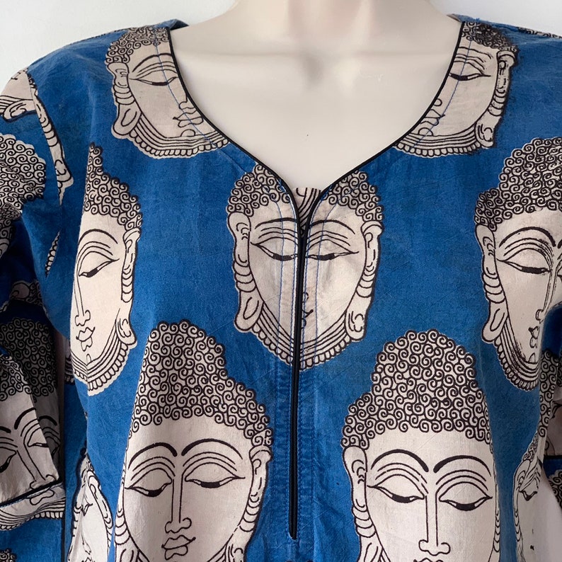BUDDHA long tunic Top 70s Block print blue dress Boho Hippie Buddha Caftan long side slits Yoga dress Novelty Block print size Small
