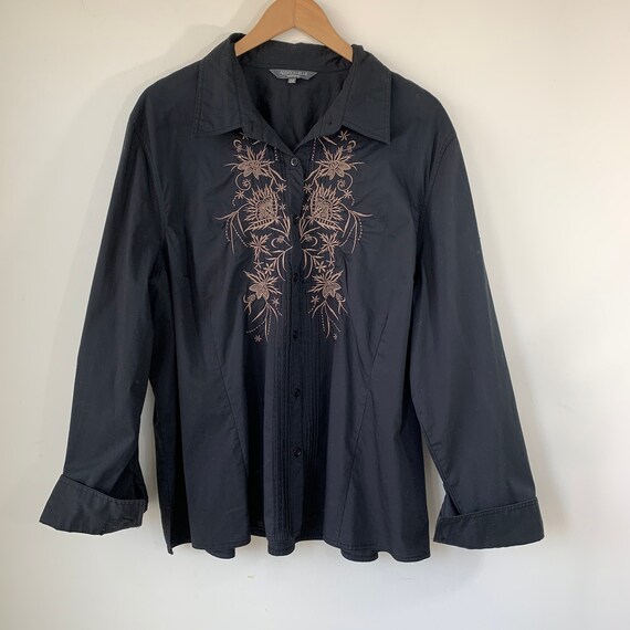 90s Black Blouse Embroidered shirt Button up Long