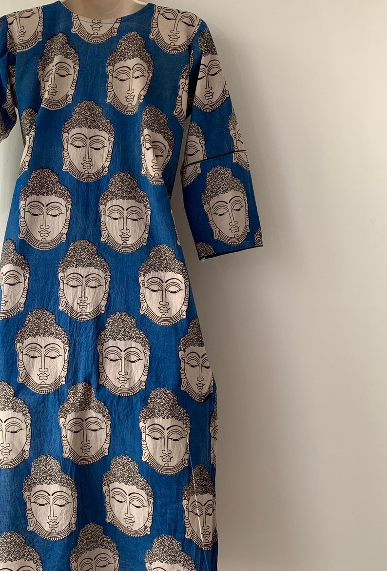 BUDDHA long tunic Top 70s Block print blue dress Boho Hippie Buddha Caftan long side slits Yoga dress Novelty Block print size Small