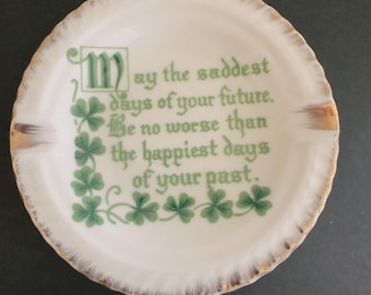 Vintage Irish Blessing, Collectors  White and Green Trinket ashtray, Decorated with Gilt Trim and Shamrocks, Made in Japan 1980s