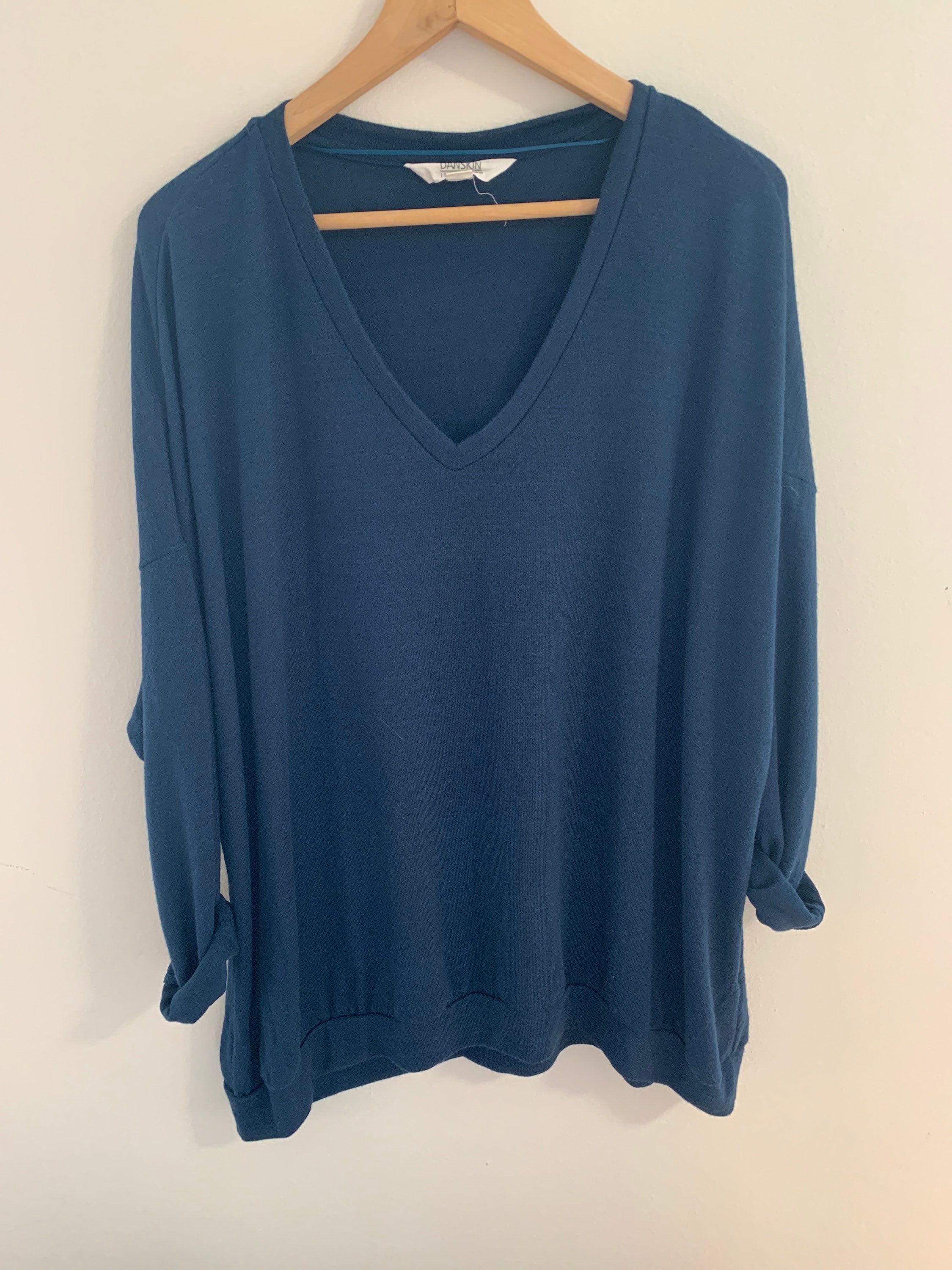 DANSKIN Knit Top Oversized Navy Blue Pullover Soft Rayon Blend