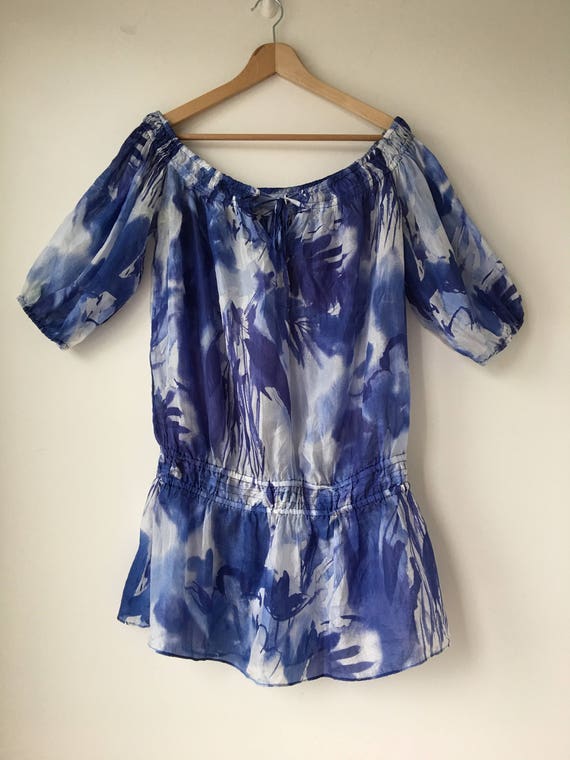 Blue Silk Blouse Gypsy Peasant Shirt Modern Overs