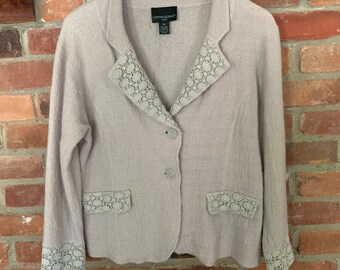 Vintage Cynthia Rowley, boiled wool jacket, Wool cardigan, Unlined, Crochet Lace insets, petites