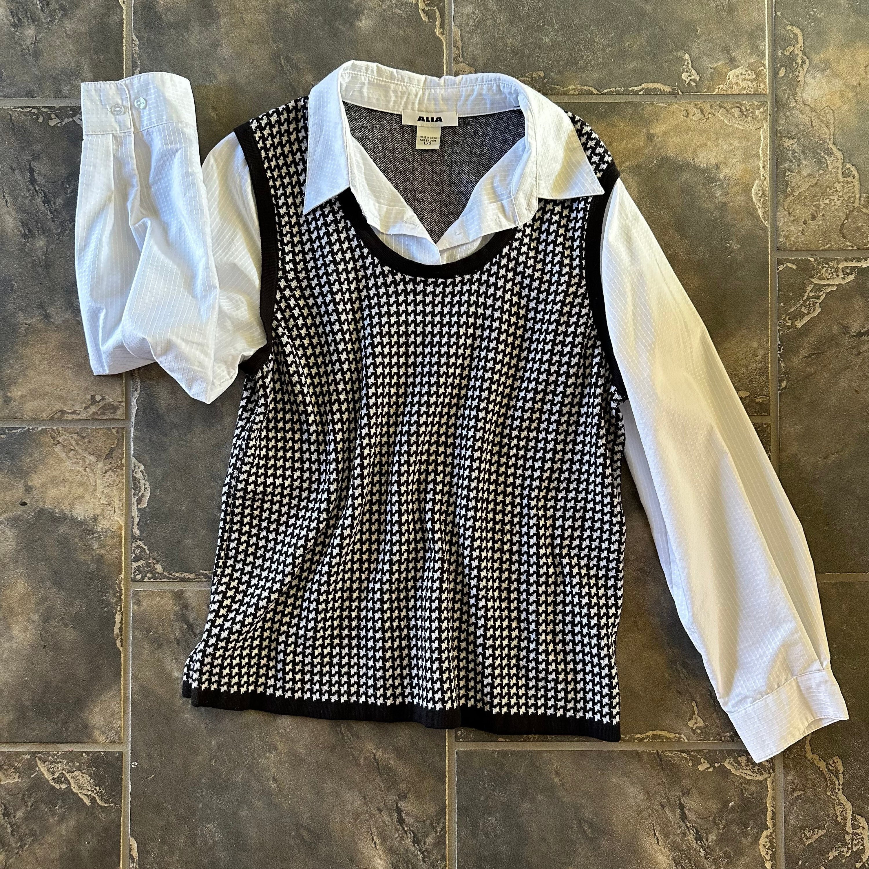 Sweater Vest Attached White Blouse Houndstooth Knitted Black - Etsy Canada