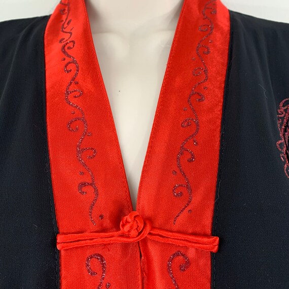 Black silk robe Chinese inspired Red satin trim E… - image 2
