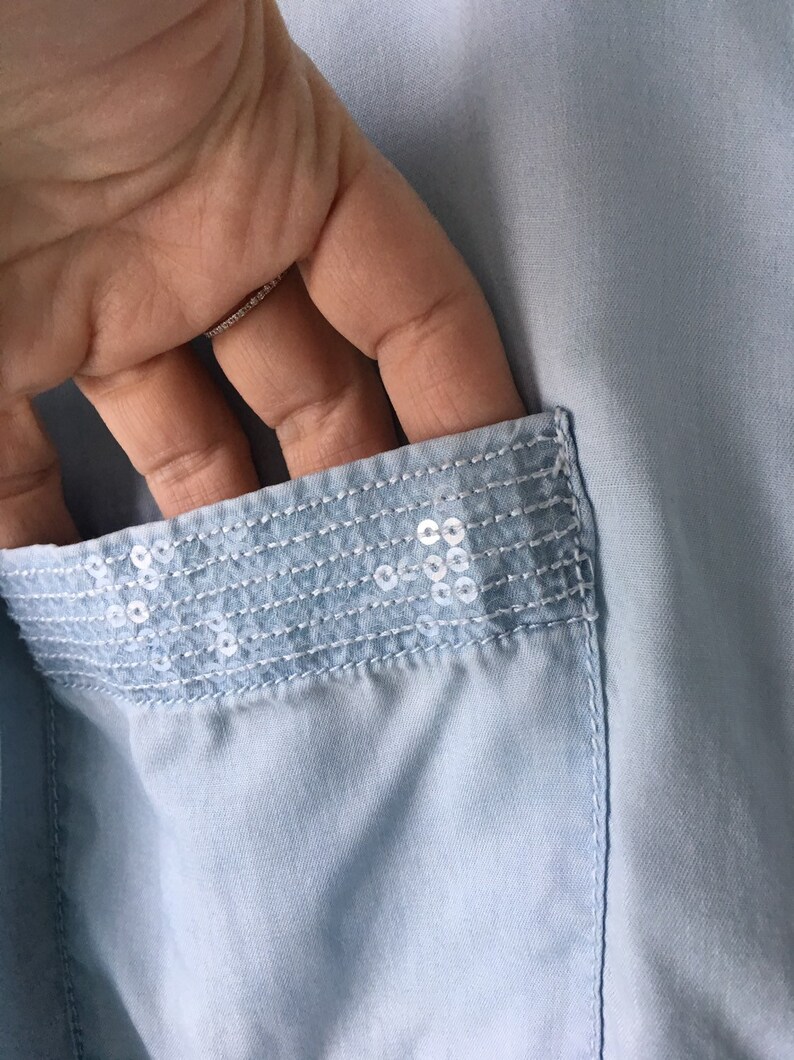 Vintage Blue Shirt Long Button Up Front pocket shirt Long sleeves 90s Boho Hipster Western shirt Ultra soft ECO friendly Lyocell plus Size