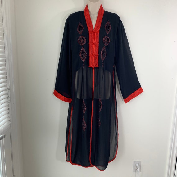 Black silk robe Chinese inspired Red satin trim E… - image 1